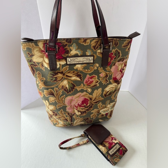 Longaberger vintage Green Pink Floral tapestry Tote Bag purse satchel homestead - Picture 1 of 9